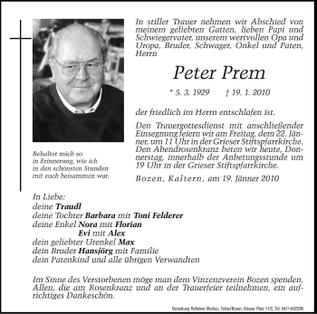 Traueranzeige von Peter Prem von Dolomiten