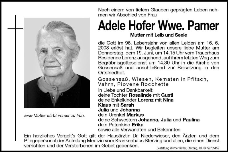  Traueranzeige für Adele Hofer vom 17.06.2008 aus Dolomiten