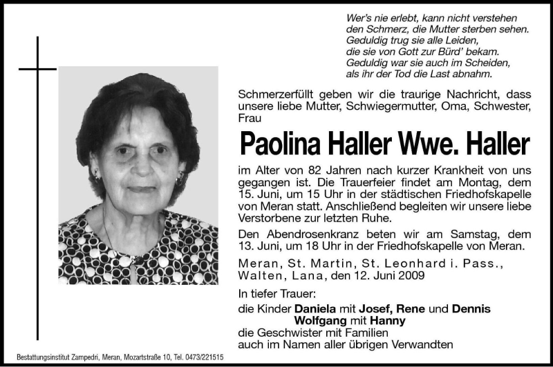  Traueranzeige für Paolina Haller vom 13.06.2009 aus Dolomiten