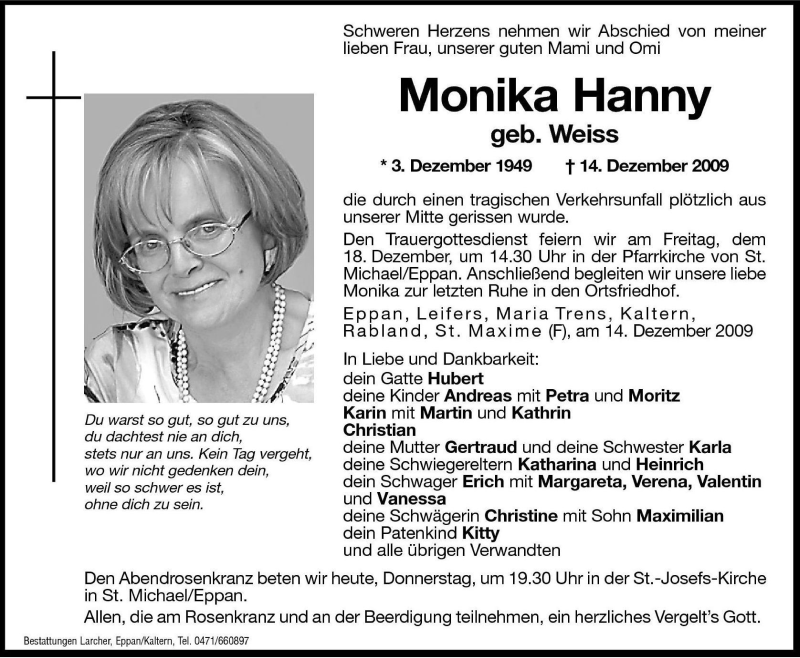  Traueranzeige für Monika Hanny vom 17.12.2009 aus Dolomiten