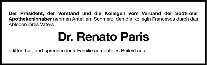  Traueranzeige für Renato Paris vom 08.02.2011 aus Dolomiten