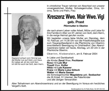 Traueranzeige von Kreszenz Vigl von Dolomiten