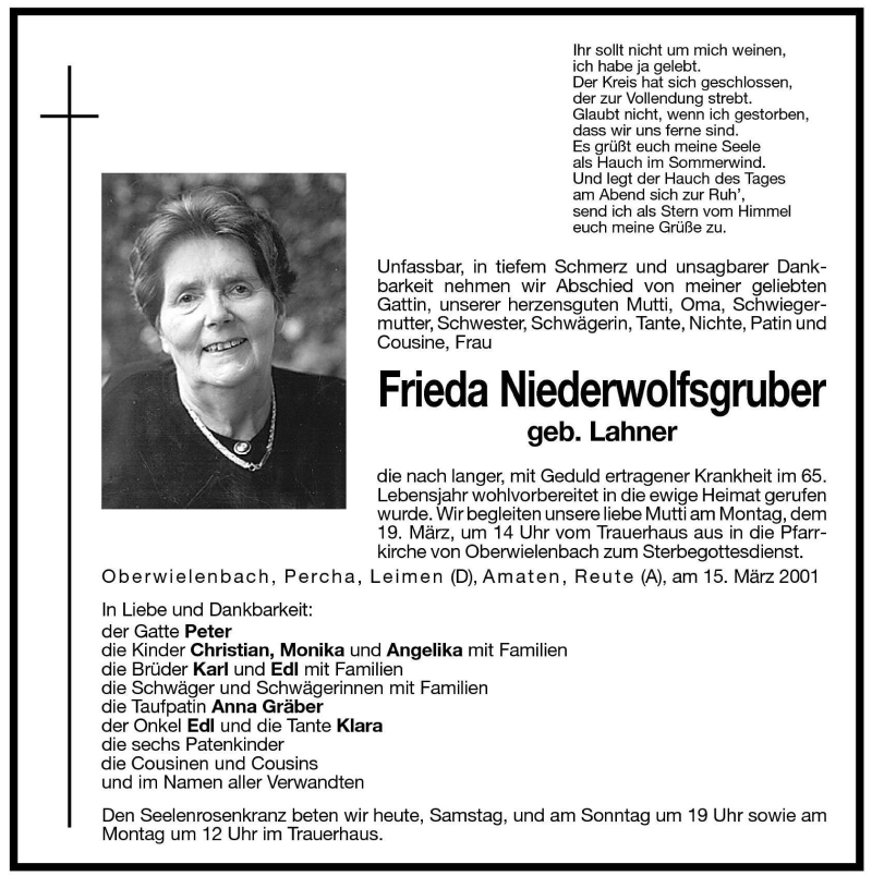 Traueranzeigen Von Frieda Niederwolfsgruber | Trauer.bz