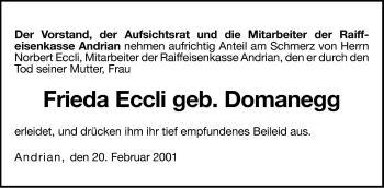 Traueranzeige von Frieda Eccli von Dolomiten