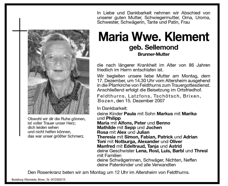  Traueranzeige für Maria Klement vom 17.12.2007 aus Dolomiten