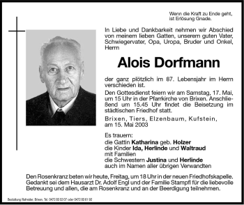 Traueranzeige von Alois Dorfmann von Dolomiten