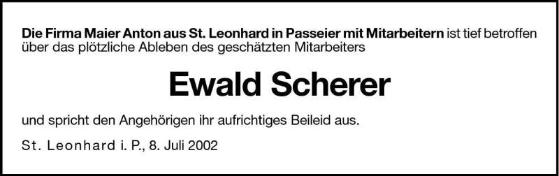  Traueranzeige für Ewald Scherer vom 09.07.2002 aus Dolomiten