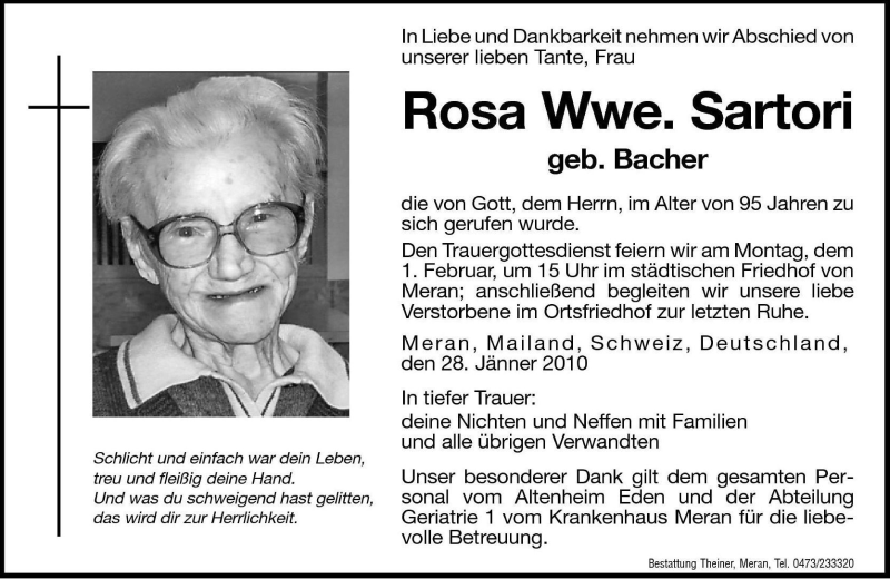 Traueranzeige für Rosa Sartori vom 30.01.2010 aus Dolomiten
