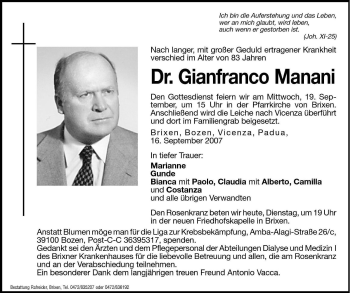 Traueranzeige von Gianfranco Manani von Dolomiten