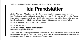 Traueranzeige von Ida Prandstätter von Dolomiten