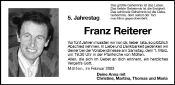 Traueranzeige von Franz Reiterer von Dolomiten