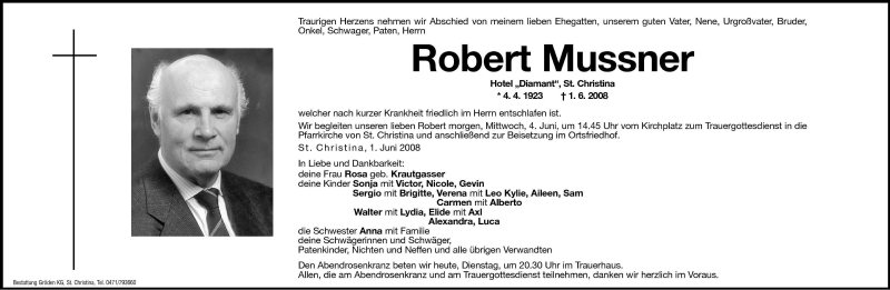  Traueranzeige für Robert Mussner vom 03.06.2008 aus Dolomiten
