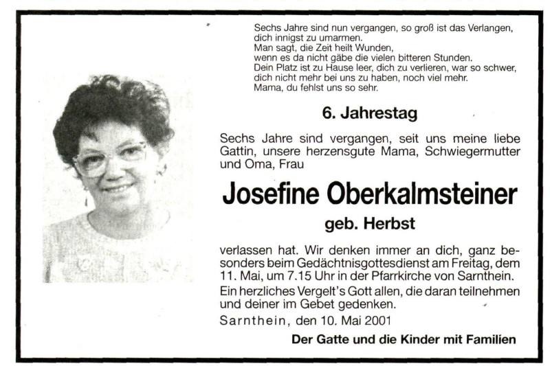  Traueranzeige für Josefine Oberkalmsteiner vom 10.05.2001 aus Dolomiten
