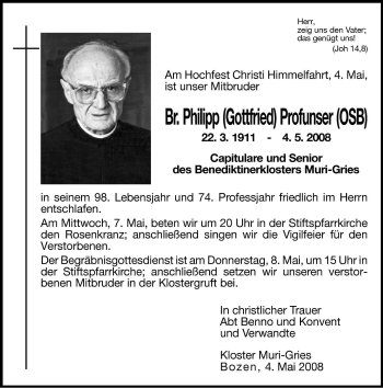 Traueranzeige von Philipp Profunser von Dolomiten