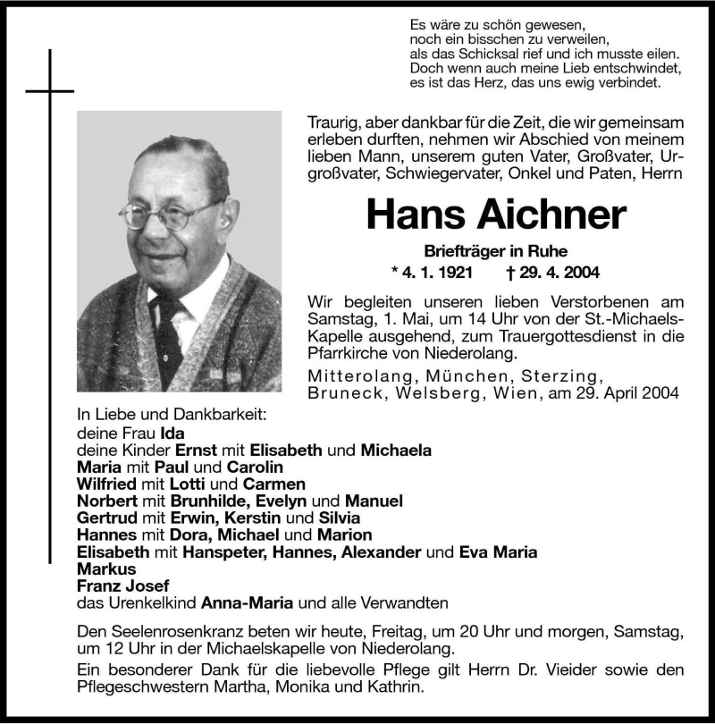 Traueranzeige für Hans Aichner vom 30.04.2004 aus Dolomiten