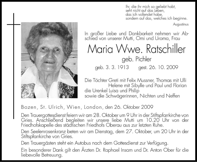  Traueranzeige für Maria Ratschiller vom 27.10.2009 aus Dolomiten