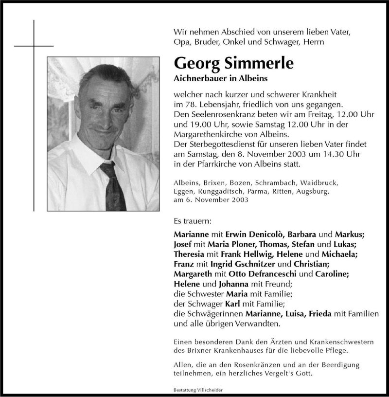  Traueranzeige für Georg Simmerle vom 07.11.2003 aus Dolomiten