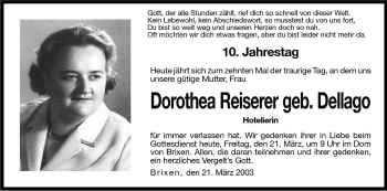 Traueranzeige von Dorothea Reiserer von Dolomiten