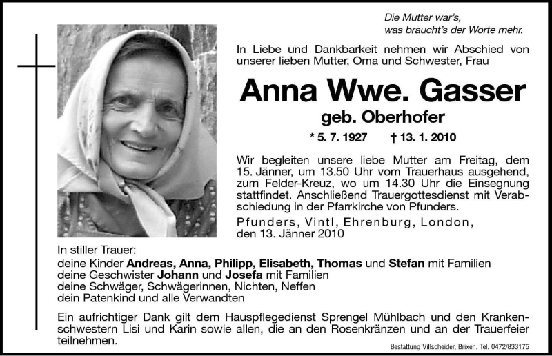  Traueranzeige für Anna Gasser vom 14.01.2010 aus Dolomiten