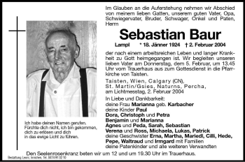 Traueranzeige von Sebastian Baur von Dolomiten