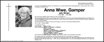 Traueranzeige von Anna Gamper von Dolomiten