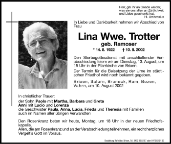 Traueranzeige von Lina Trotter von Dolomiten