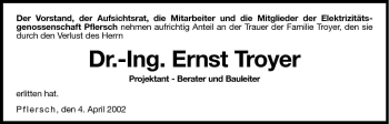 Traueranzeige von Ernst Troyer von Dolomiten