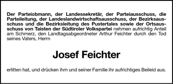 Traueranzeige von Josef Feichter von Dolomiten