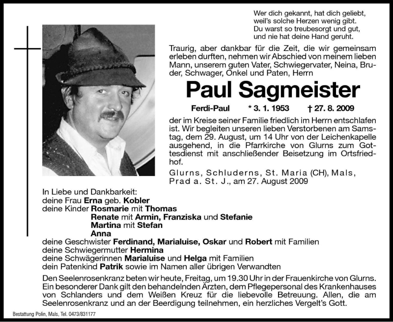  Traueranzeige für Paul Sagmeister vom 28.08.2009 aus Dolomiten