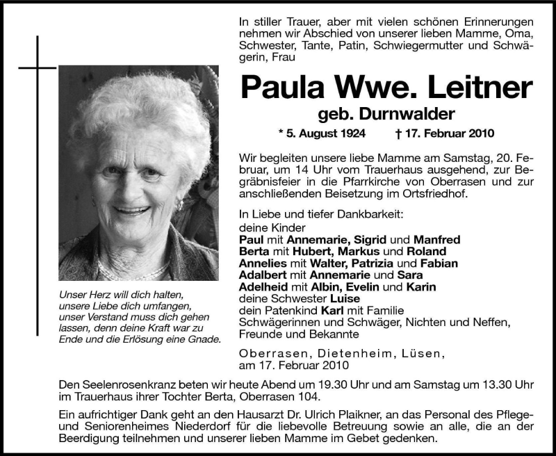  Traueranzeige für Paula Leitner vom 19.02.2010 aus Dolomiten