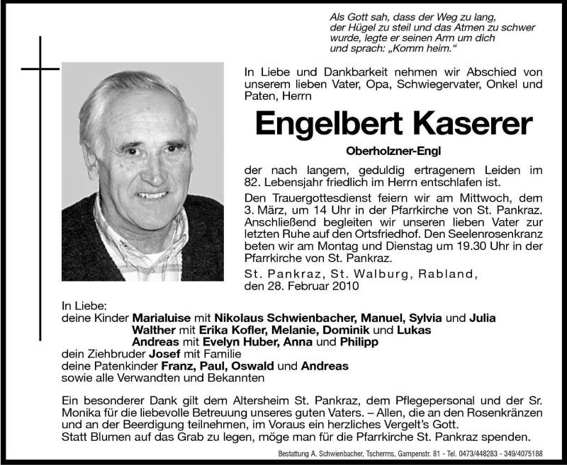  Traueranzeige für Engelbert Kaserer vom 01.03.2010 aus Dolomiten