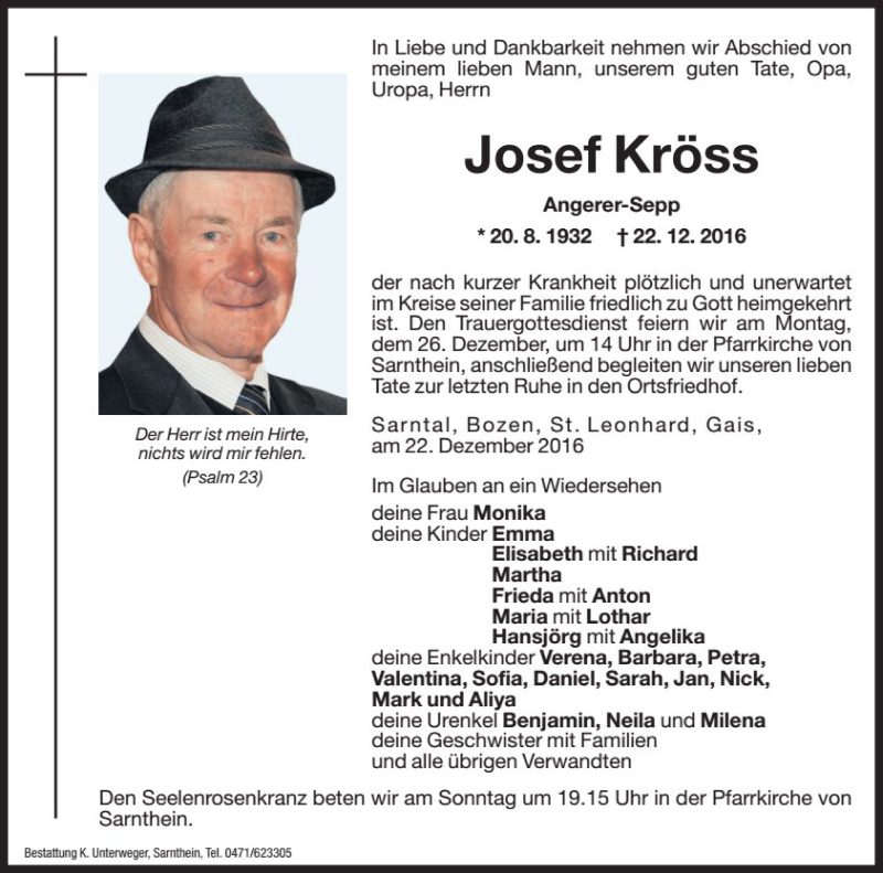  Traueranzeige für Josef Kröss vom 24.12.2016 aus Dolomiten