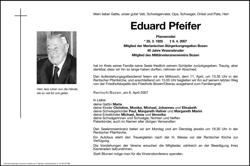  Traueranzeige für Eduard Pfeifer vom 07.04.2007 aus Dolomiten