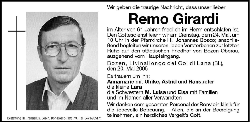  Traueranzeige für Remo Girardi vom 23.05.2005 aus Dolomiten