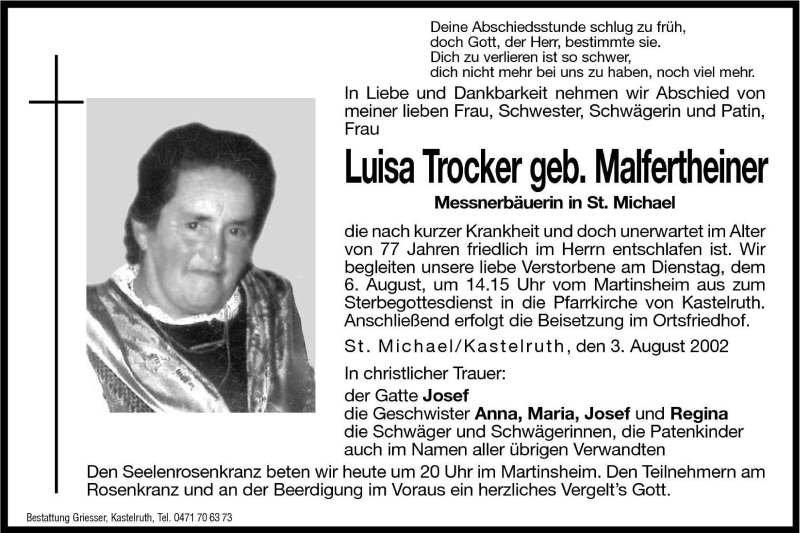  Traueranzeige für Luisa Trocker vom 05.08.2002 aus Dolomiten