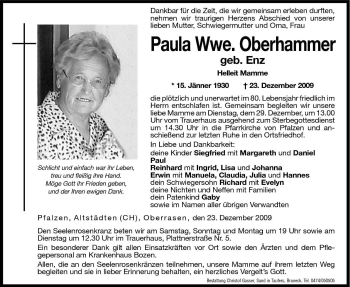 Traueranzeige von Paula Oberhammer von Dolomiten