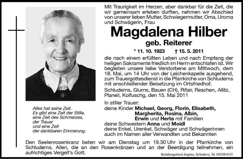  Traueranzeige für Magdalena Hilber vom 17.05.2011 aus Dolomiten