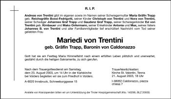 Traueranzeige von Mariedi von Trentini von Dolomiten