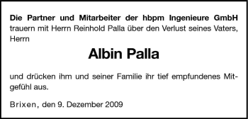 Traueranzeige von Albin Palla von Dolomiten