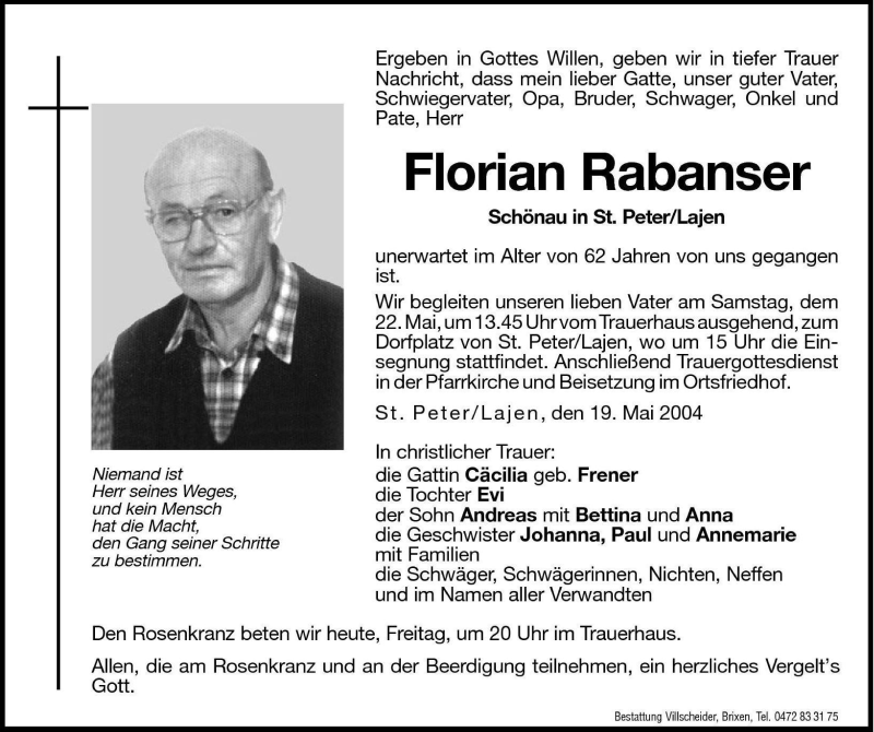  Traueranzeige für Florian Rabanser vom 21.05.2004 aus Dolomiten