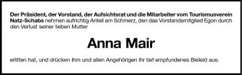 Traueranzeige von Anna Mair von Dolomiten