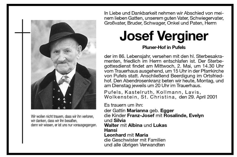  Traueranzeige für Josef Verginer vom 30.04.2001 aus Dolomiten