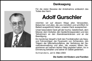 Traueranzeige von Adolf Gurschler von Dolomiten