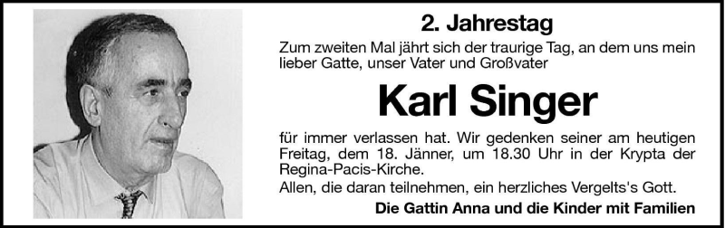  Traueranzeige für Karl Singer vom 18.01.2002 aus Dolomiten