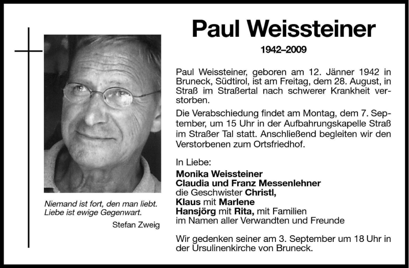  Traueranzeige für Paul Weissteiner vom 02.09.2009 aus Dolomiten