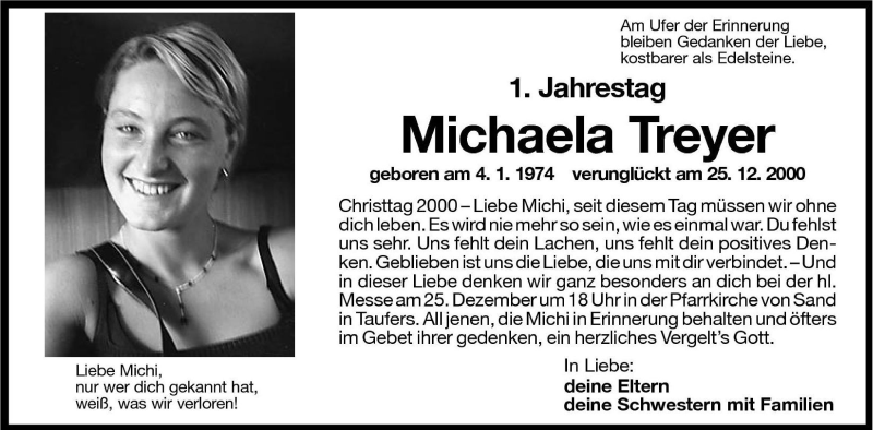  Traueranzeige für Michaela Treyer vom 22.12.2001 aus Dolomiten