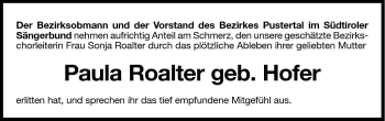 Traueranzeige von Paula Roalter von Dolomiten