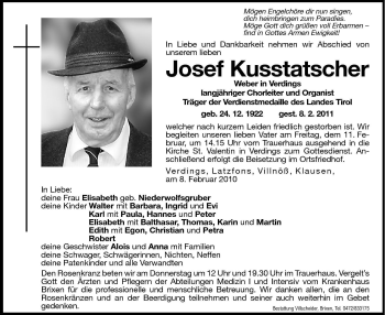 Traueranzeige von Josef Kusstatscher von Dolomiten