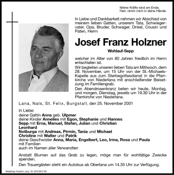 Traueranzeige von Josef Franz Holzner von Dolomiten