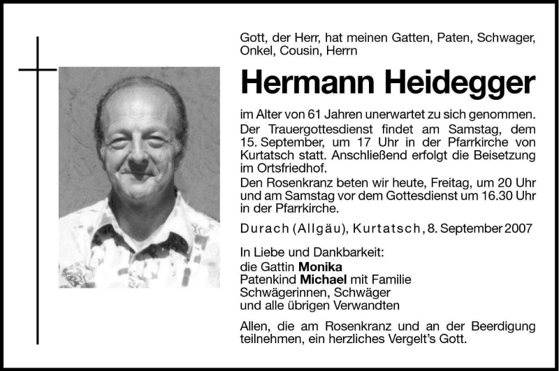  Traueranzeige für Hermann Heidegger vom 14.09.2007 aus Dolomiten